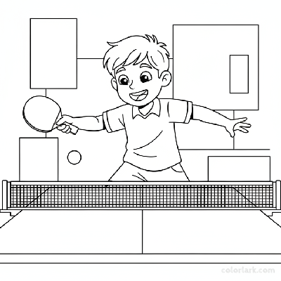 Line art of a joyful boy performing a dynamic forehand stroke in table tennis.