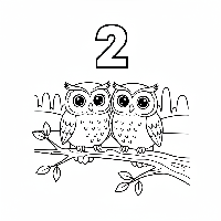 Black and white line art coloring page of two owls on a branch with the number 2.
