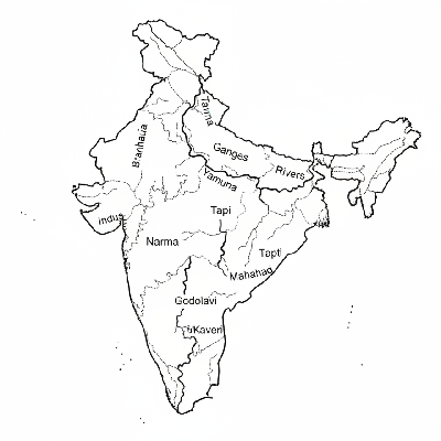 Line art coloring map of India, highlighting all major rivers like the Ganges, Brahmaputra, Godavari, and Krishna.