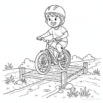 Black and white line art coloring page of a smiling child with a helmet, riding a bicycle over a small wooden bridge on a nature path.
