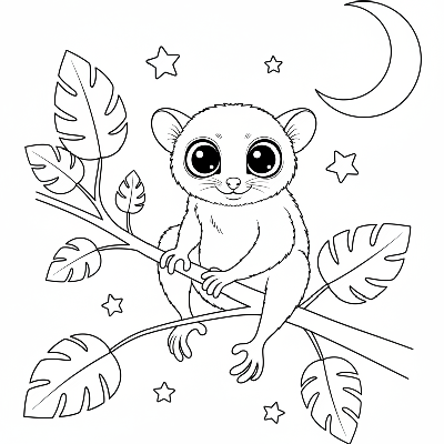Black and white line art of an Indian Slender Loris clinging to a tree branch at night, with large, alert eyes.