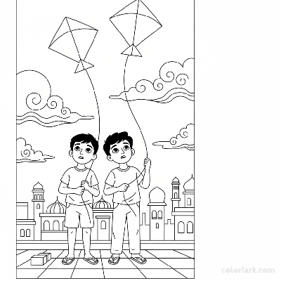 Line art of Indian boys watching kites disappear into clouds from an Indian city rooftop, for coloring.