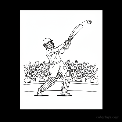 Black and white line art of a young Indian cricket player hitting a towering six in a stadium with cheering fans.