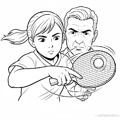 Black and white line art close-up of a girl's paddle brushing a ball for a table tennis spin serve.