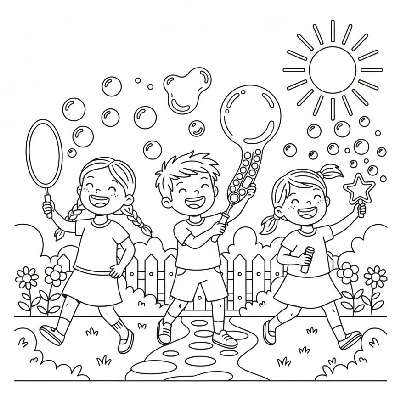 Black and white line art of three excited children having a bubble wand race outdoors, blowing many bubbles.