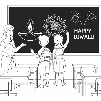 Students drawing Diwali-themed pictures like diyas and rangoli on a classroom blackboard with chalk, line art