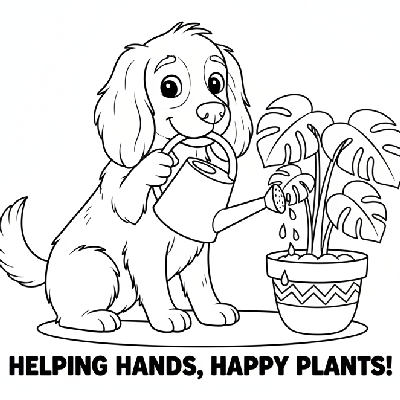Black and white line art of a helpful dog holding a watering can and tilting it to water a potted plant, for young learners.