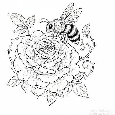 Black and white line art of a busy bee pollinating a blooming rose, detailed nature scene