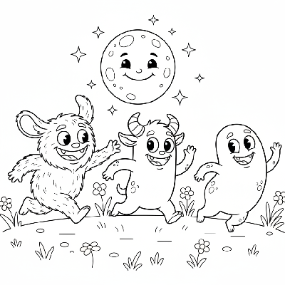 Black and white line art of little monsters playing a friendly game of tag in a moonlit meadow, Halloween coloring page.