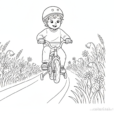 Black and white line art coloring page of a child with a helmet, taking their first bike ride on a gently sloping meadow trail.