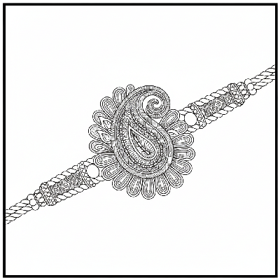 Black and white line art of a traditional Zardozi style Rakhi with ornate floral and paisley embroidery details for advanced coloring.