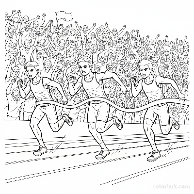 Line art of pre-teen athletes sprinting to a finish line with a stadium cheering crowd