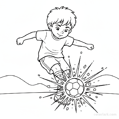 Line art of a little kid delivering an exploding power shot in soccer.