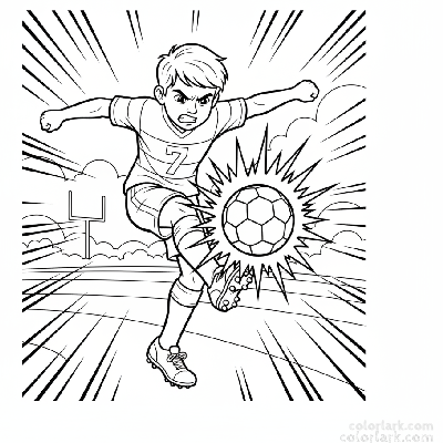 Line art of a child kicking a football with unstoppable force.