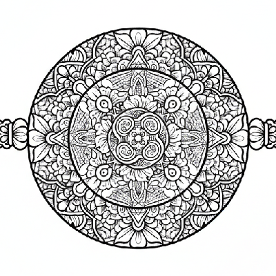 Black and white line art of an intricate Mehndi art inspired Rakhi with dense paisleys, florals, and lattice work for detailed coloring.