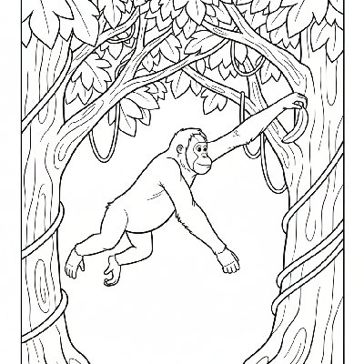 Black and white line art of a young Orangutan monkey mid-jump between two trees, reaching for a hanging banana.