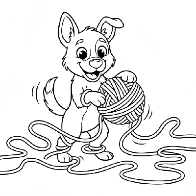 Black and white line art of a happy dog playfully batting and unwinding a yarn ball, suitable for kids in India.