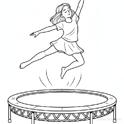 Black and white line art of a little girl stretching her body while jumping on a trampoline at a kids fitness center.