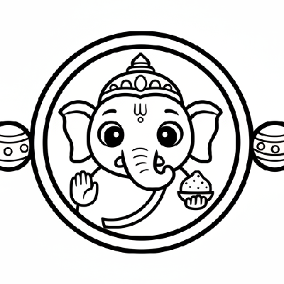 Black and white line art of a cute cartoon Ganesha Rakhi with thick lines, suitable for young children's coloring.