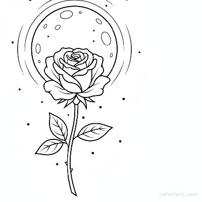 Black and white line art of an elegant rose under a full moon, suggesting a serene night garden