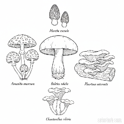 Black and white line art of a vintage botanical illustration featuring several distinct fungi species with labels, for coloring.