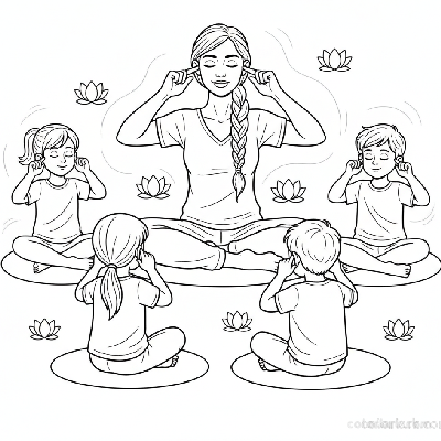 Line art of children learning Bee Breath (Bhramari Pranayama) with a teacher.