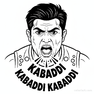 Black and white line art of an Indian Kabaddi player with an intense 'game face', chanting 'Kabaddi Kabaddi'.