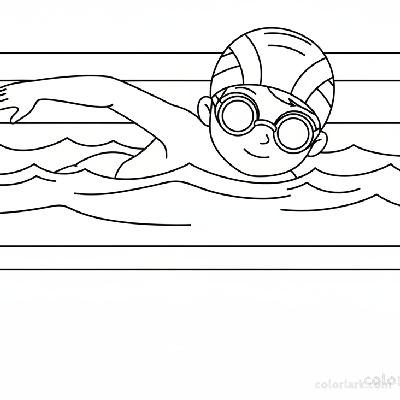 Black and white line art of a child swimming freestyle in a pool, wearing a patterned swim cap and goggles.