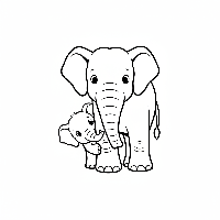 Baby elephant hiding behind mother's leg coloring page
