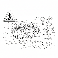 Coloring page of school children with a crossing guard at an Indian Pedestrian Crossing sign.