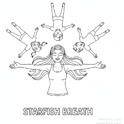 Line art of children practicing Starfish Breath for relaxation with a yoga teacher.