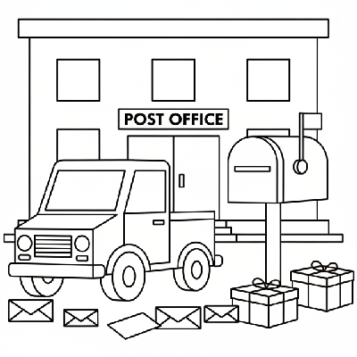 Black and white line art of a post office scene with a mail truck, mailbox, and letters, all composed of circles, squares, and triangles for shape recognition.