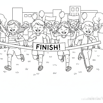 Line art of happy kids crossing a track race finish line with a cheering crowd