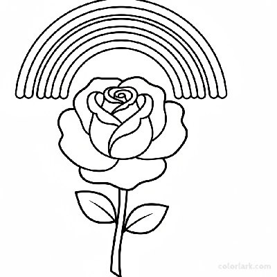 Easy rose and rainbow arch coloring page for children, black and white line art, simple flower and weather drawing.