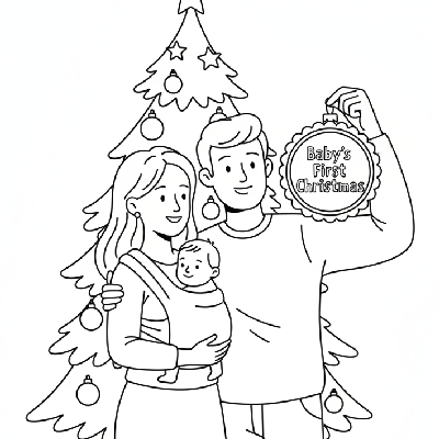 Line art of a family hanging a 'Baby's First Christmas' ornament on a decorated tree.