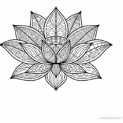 Black and white Zentangle inspired lotus bloom art pattern with intricate abstract designs.