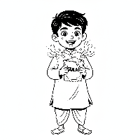 Boy with mischievous grin holding gulal packet for Holi coloring