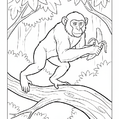 Line art of an energetic Rhesus monkey jumping off a tree branch, holding a whole banana.