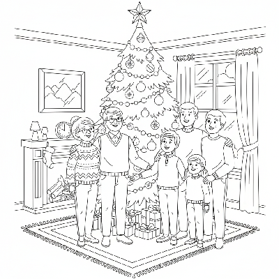 Black and white line art of a multi-generational family admiring a fully decorated Christmas tree.