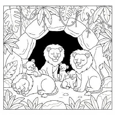 Black and white line art of a lion pride relaxing together near a rocky cave in an Indian jungle