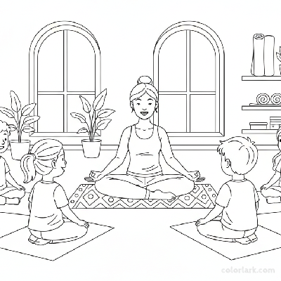 Line art of kids and teacher in easy seated yoga pose, meditating.
