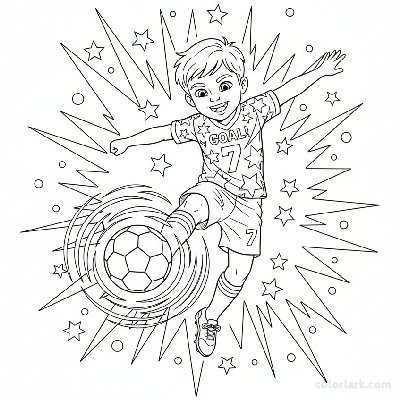 Line art of a child soccer enthusiast making a powerful strike.