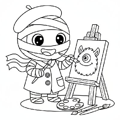 Black and white line art of a cute mummy artist painting a friendly monster picture, Halloween coloring page.
