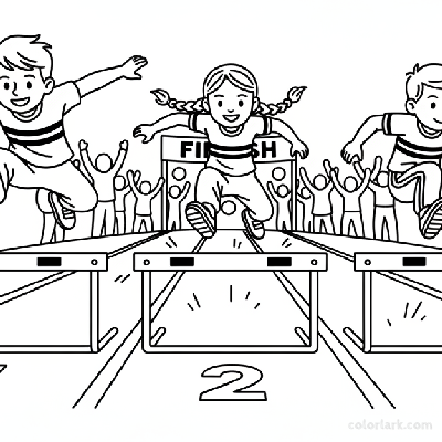 Black and white line art of three kids participating in a hurdle race during an athletics day event.