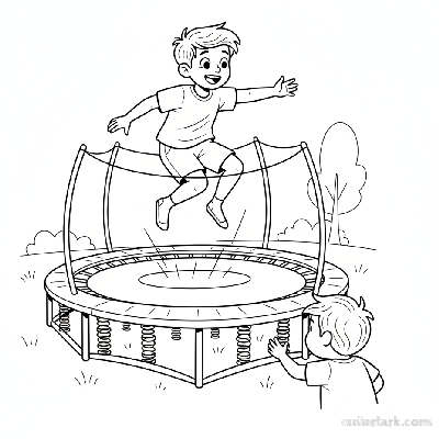 Black and white line art of a boy reaching towards a friend while jumping on a trampoline in a kids fitness center.
