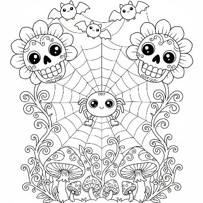 Black and white line art of a cute spider spinning a web between two friendly skull flowers, Halloween coloring page.