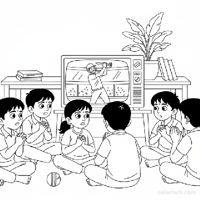 Black and white line art of Indian children with tense, focused expressions, leaning forward while watching a crucial moment of a cricket match on TV.