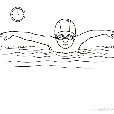 Black and white line art of a focused child practicing freestyle interval training in a pool, wearing a swim cap and goggles.