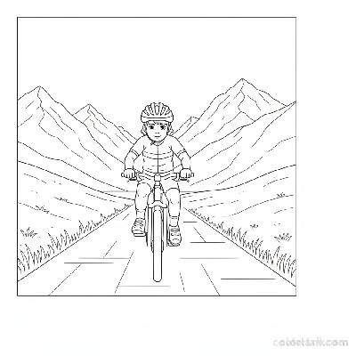 Black and white line art coloring page of a focused child with a helmet, riding a bicycle on a path through a mountain valley.