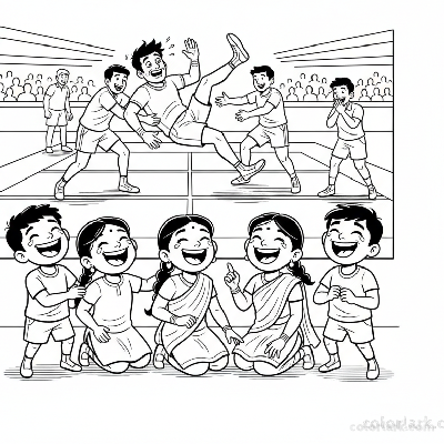 Line art of Indian children laughing together at a funny moment during a Kabaddi National Match.